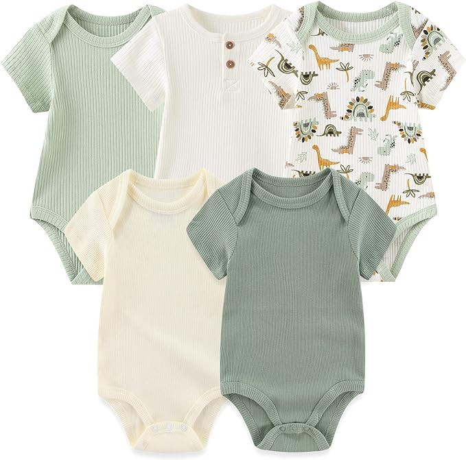 MAMIMAKA Newborn Baby Short Sleeve Bodysuit Cotton One-Piece Baby Clothes 5-Pack, 0-12 Months | Amazon (US)