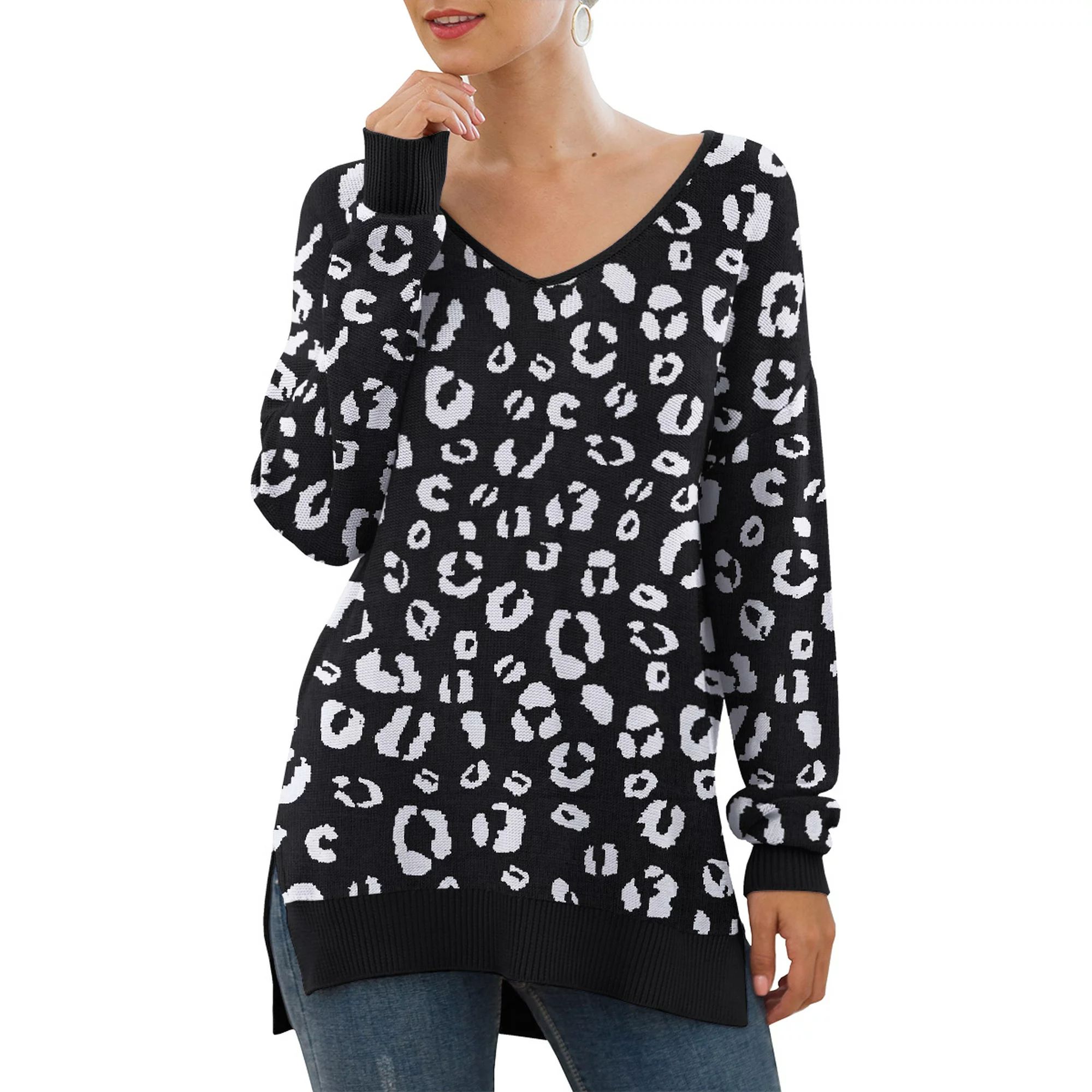 JWD Women's V-Neck Long Sleeve Side Split Loose Casual Knit Pullover Sweater Blouse FP Leopard Bl... | Walmart (US)