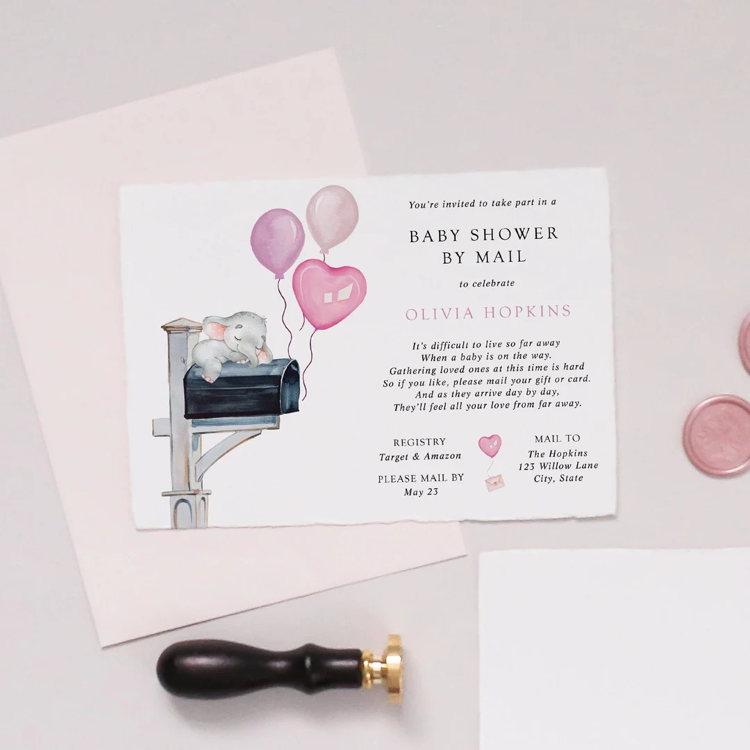 Elephant Baby Shower by Mail Invitation, Pink Balloons, Printable Template, Long Distance Shower,... | Etsy (US)