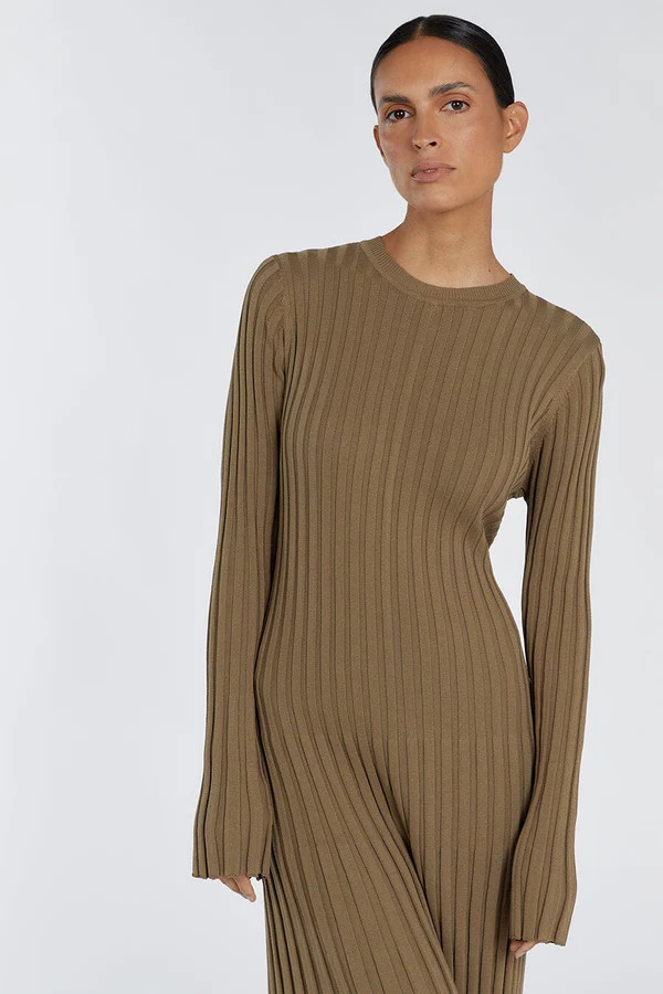 ADA KHAKI LONG SLEEVE MIDI DRESS | DISSH