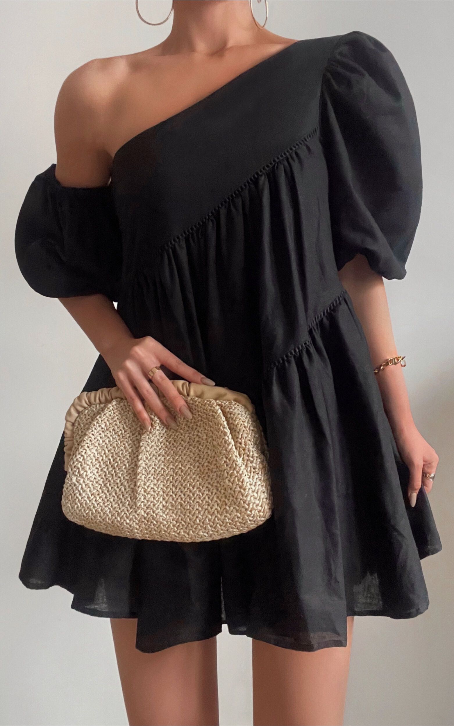 Harleen Mini Dress - Asymmetrical Trim Puff Sleeve Dress in Black | Showpo (US, UK & Europe)