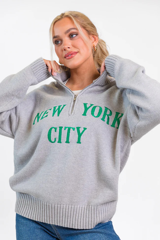 Roll With It Grey and Green New York Embroidered Quarter Zip Sweater SALE | Pink Lily