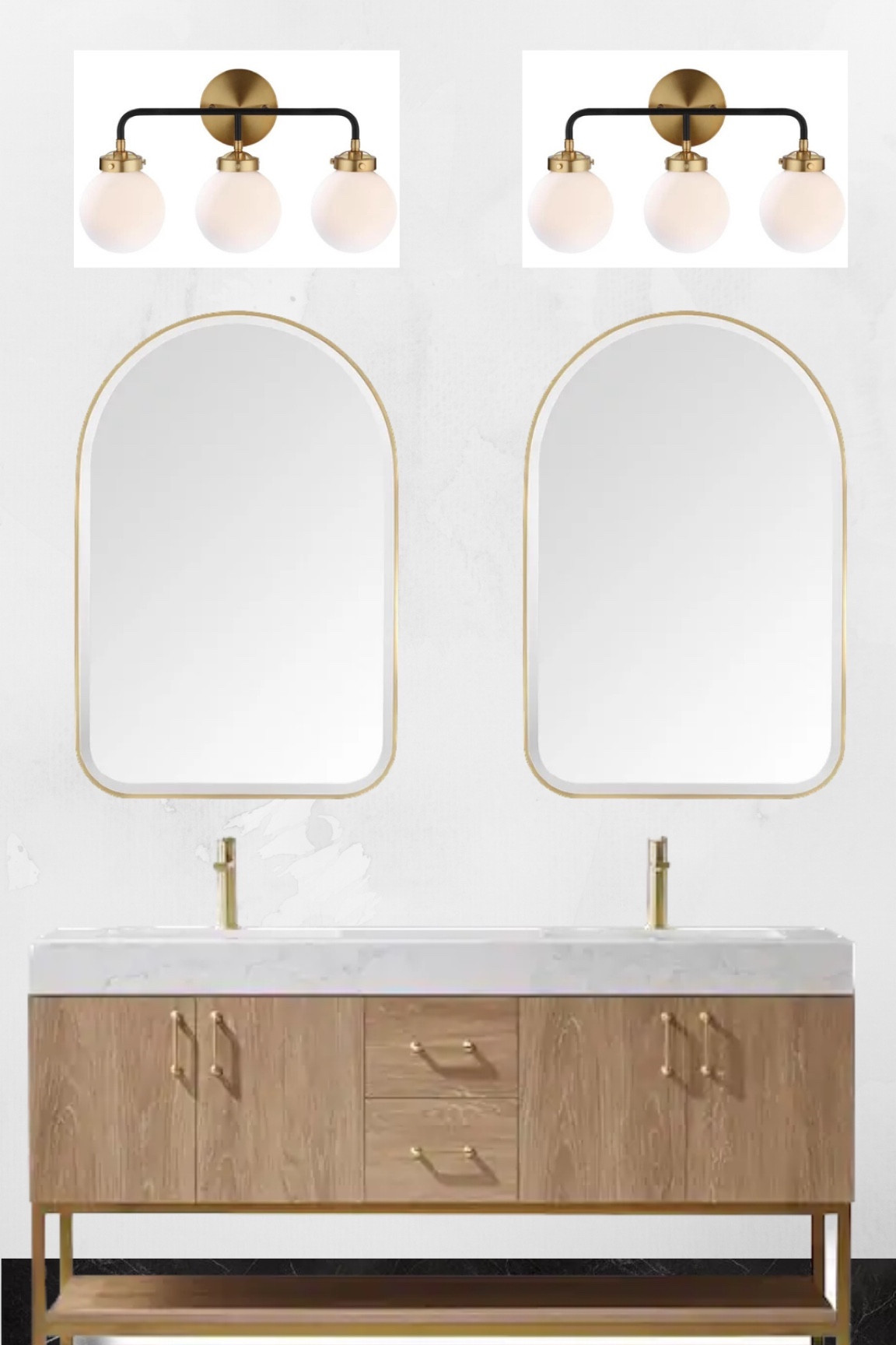 Bathroom reno

Alistair 60 in. W x 22 in. D x 33.9 in. H Bath Vanity in Oak with White Stone Vanity Top with Basin

Can’t link but mirrors are from Floor and Decor - Ezra

Black and gold vanity lighting with frosted globes is from Perigold - Jonathan Y Caleb 3 - Light Armed Sconce on major sale! Found at Home Depot for cheaper 

#LTKstyletip #LTKsalealert #LTKhome