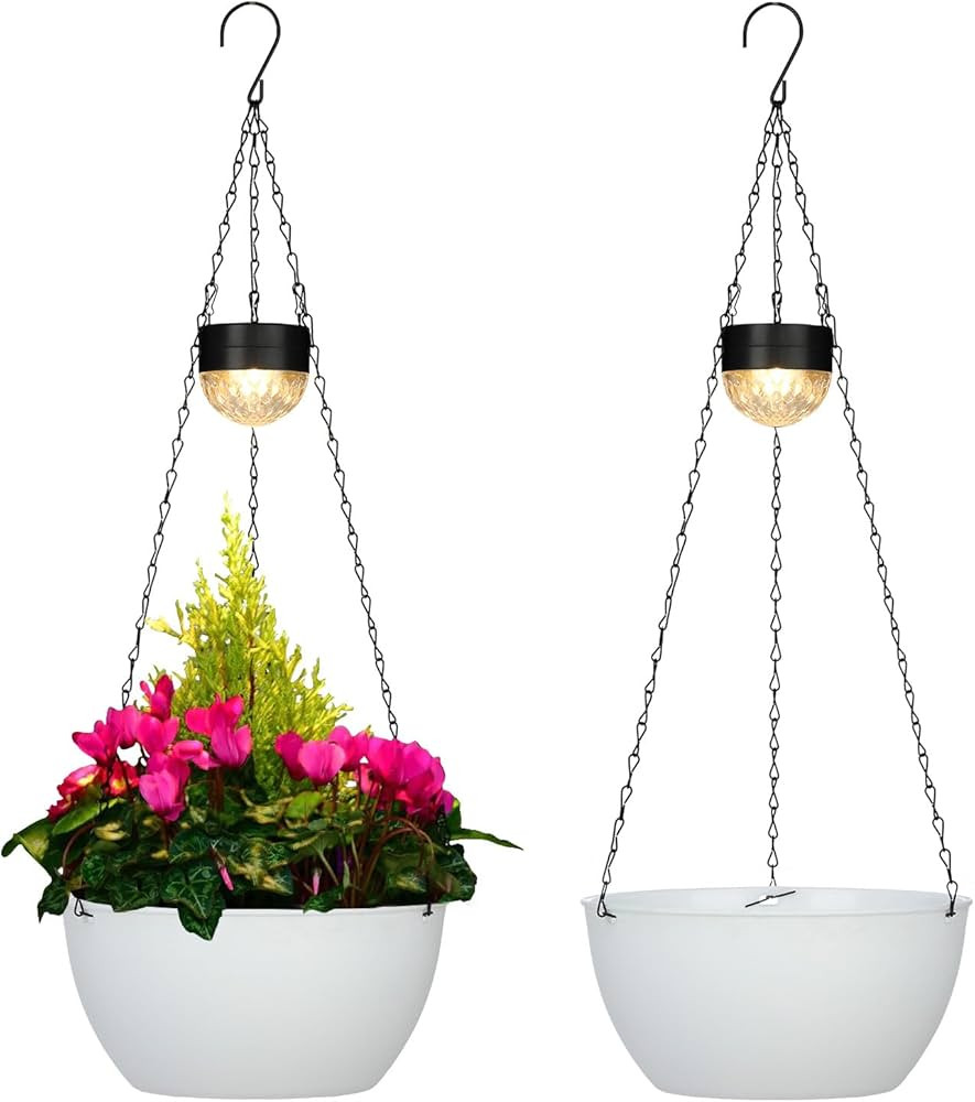 BAYN 2 Packs Solar Hanging Basket Planters for Plants Outdoor, Self Watering White Flower Plants ... | Amazon (US)