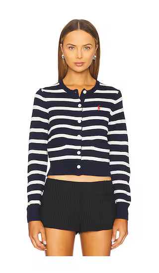 Striped Cotton Crewneck Cardigan in Navy & White Multi | Revolve Clothing (Global)