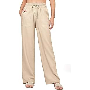 Women's Linen Pants Striped Summer Boho Straight Wide Leg Beach Lounge Casual Trousers | Amazon (US)