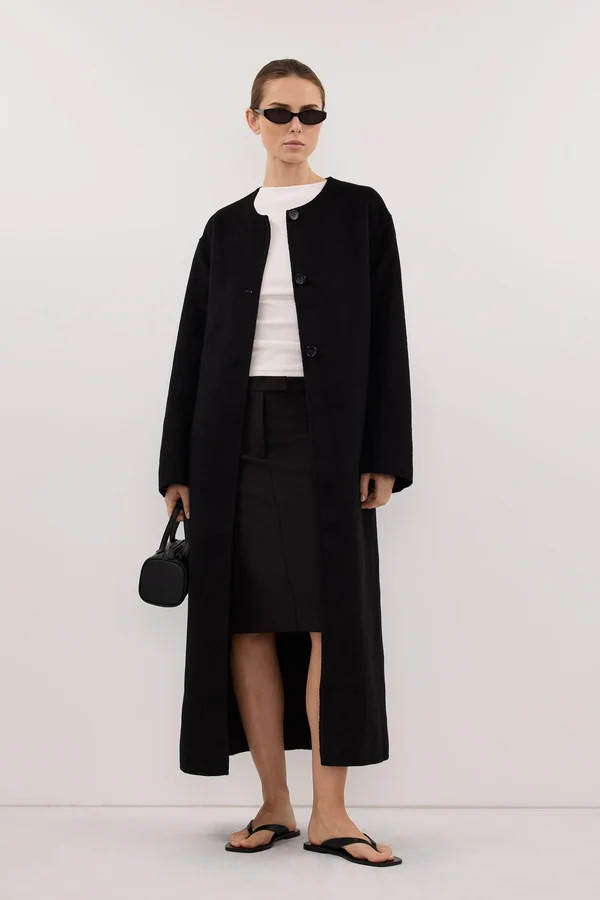 GRETA BLACK COLLARLESS WOOL BLEND COAT | DISSH