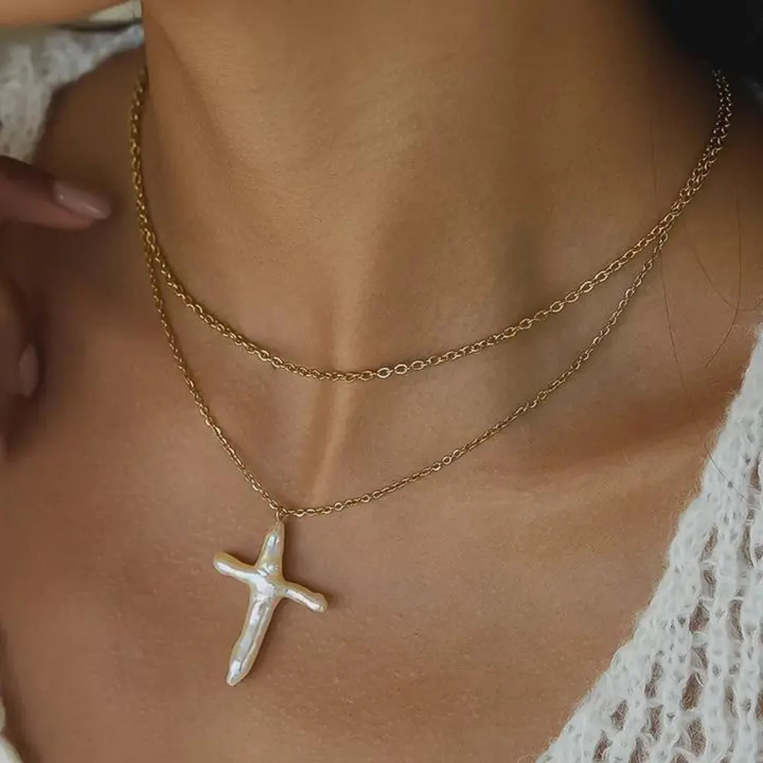 18K Gold Non-tarnish Freshwater Pearl Cross Necklace, Organic Cross Necklace, Christian Jewelry, ... | Etsy (US)