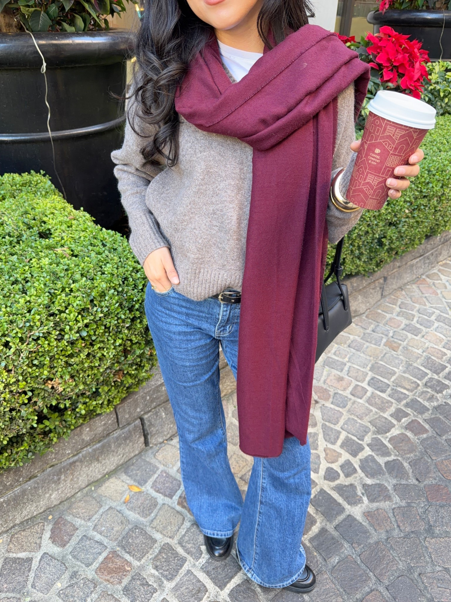 chic ootd | Zara knit pullover, Princess Polly bootcut jeans, black freja bag, maroon scarf 

#LTKHoliday #LTKSeasonal #LTKootd