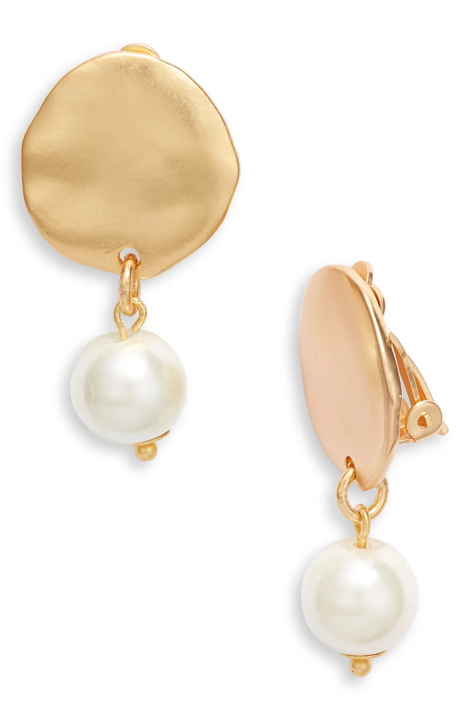Hammered Disc Imitation Pearl Clip-On Drop Earrings | Nordstrom