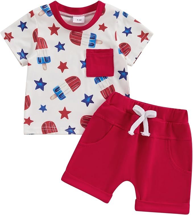 4th Of July Baby Boy Outfit Infant T Shirt Shorts 2pcs Set Toddler Fourth Of July Outfits Kids Su... | Amazon (US)