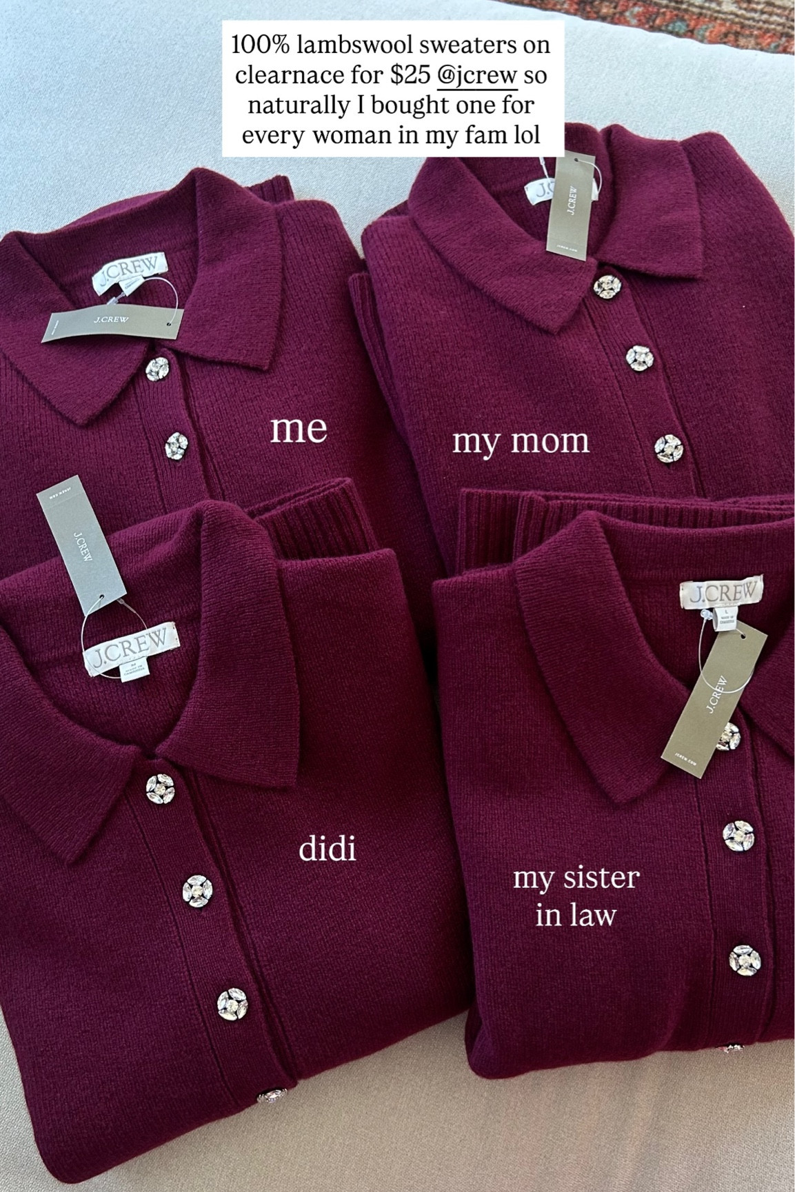 100% lambswool sweaters on clearnace for $25 @jcrew so naturally I bought one for every woman in my fam lol