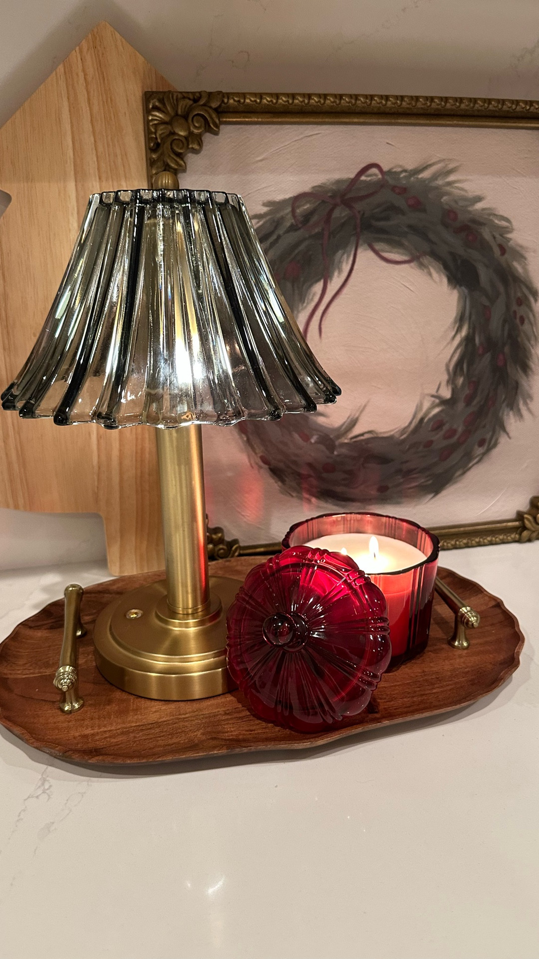 Holiday kitchen, Christmas kitchen styling, Target Christmas decor, red and green Christmas, wood tray, small lamp, Christmas candle, wreath artwork, tree cutting board 

#LTKSeasonal #LTKHoliday #LTKHome