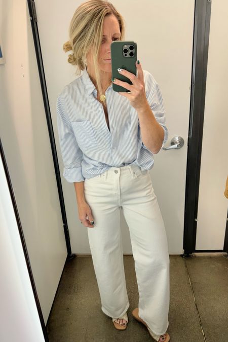 Light blue seersucker has been my favorite since I was a kid, I just found this great boyfriend style button down that’s perfect for spring, along with a great pair of wide straight leg jeans.  All under $50

#SpringOutfit #Jeans #OldNavyFINDS #WhitePants#SummerOutfit 

#LTKOver40 #LTKFindsUnder50 #LTKSeasonal