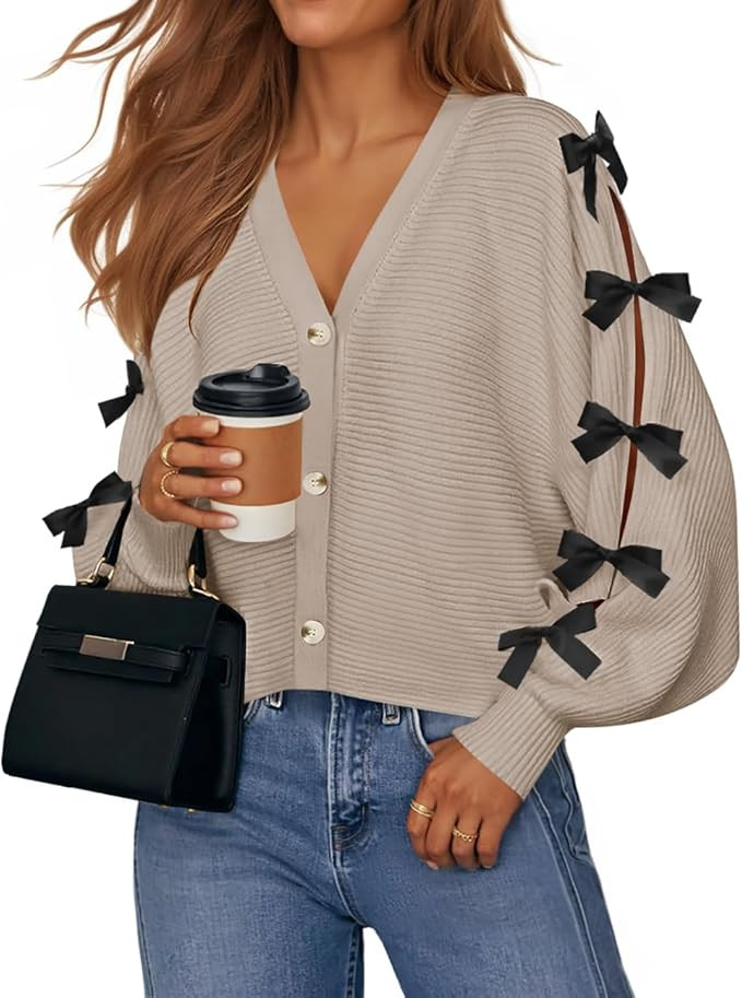 ZESICA Fall Bow Cardigans for Women Trendy 2026 Casual Long Sleeve Button V Neck Knit Sweater Out... | Amazon (US)