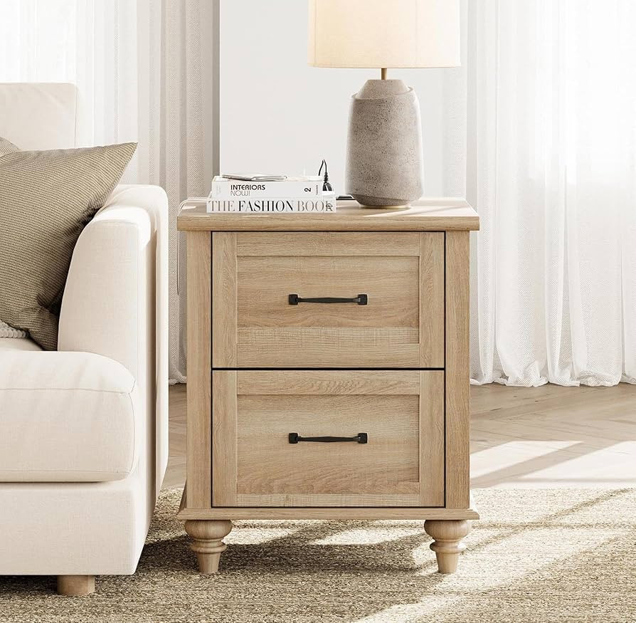 WAMPAT End Table Nightstand with Charging Station, Farmhouse Side Table for Living Room with 2 Dr... | Amazon (US)