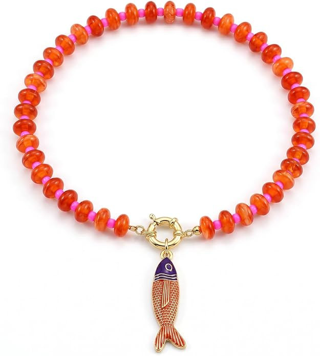 Boho Beaded Fish Necklaces for Women Acrylic Resin Chunky Beaded Necklace Toggle Strand Bead Fish... | Amazon (US)
