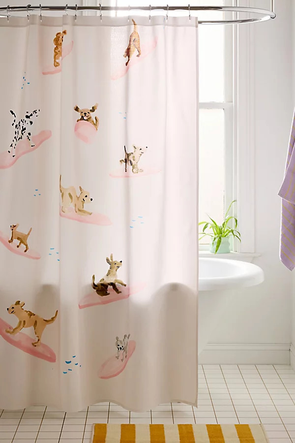 Sabina Fenn Illustration Dogs Surfing Shower Curtain in Cream at Urban Outfitters | Urban Outfitters (US and RoW)