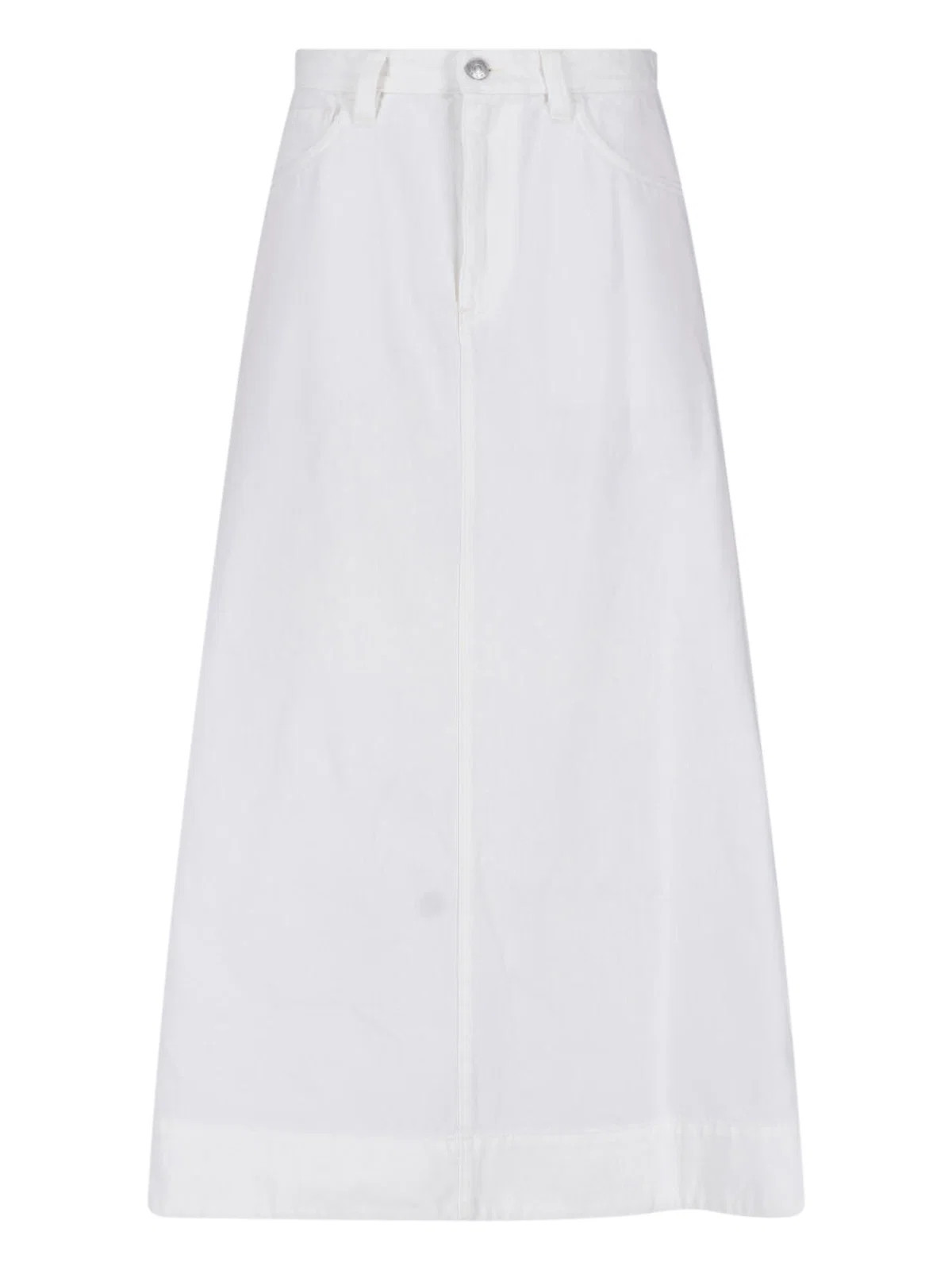 White Cotton Midi Skirt with Five-Pocket Design and Zip Closure | Shop Simon