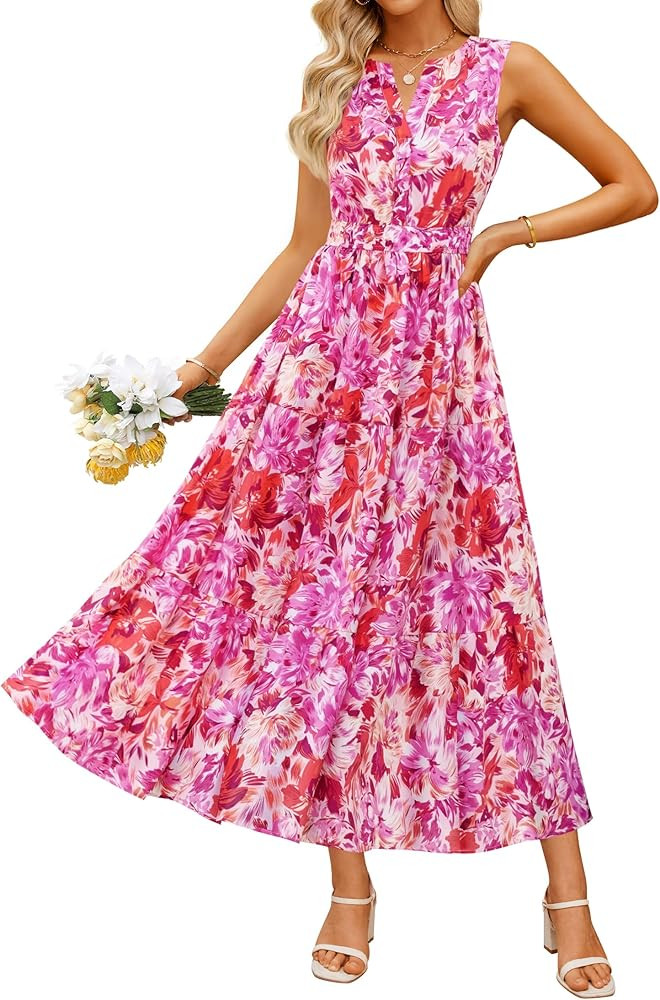 ZESICA Women's Summer Boho Floral Sleeveless Midi Dress 2026 V Neck Elastic High Waist Flowy Casu... | Amazon (US)