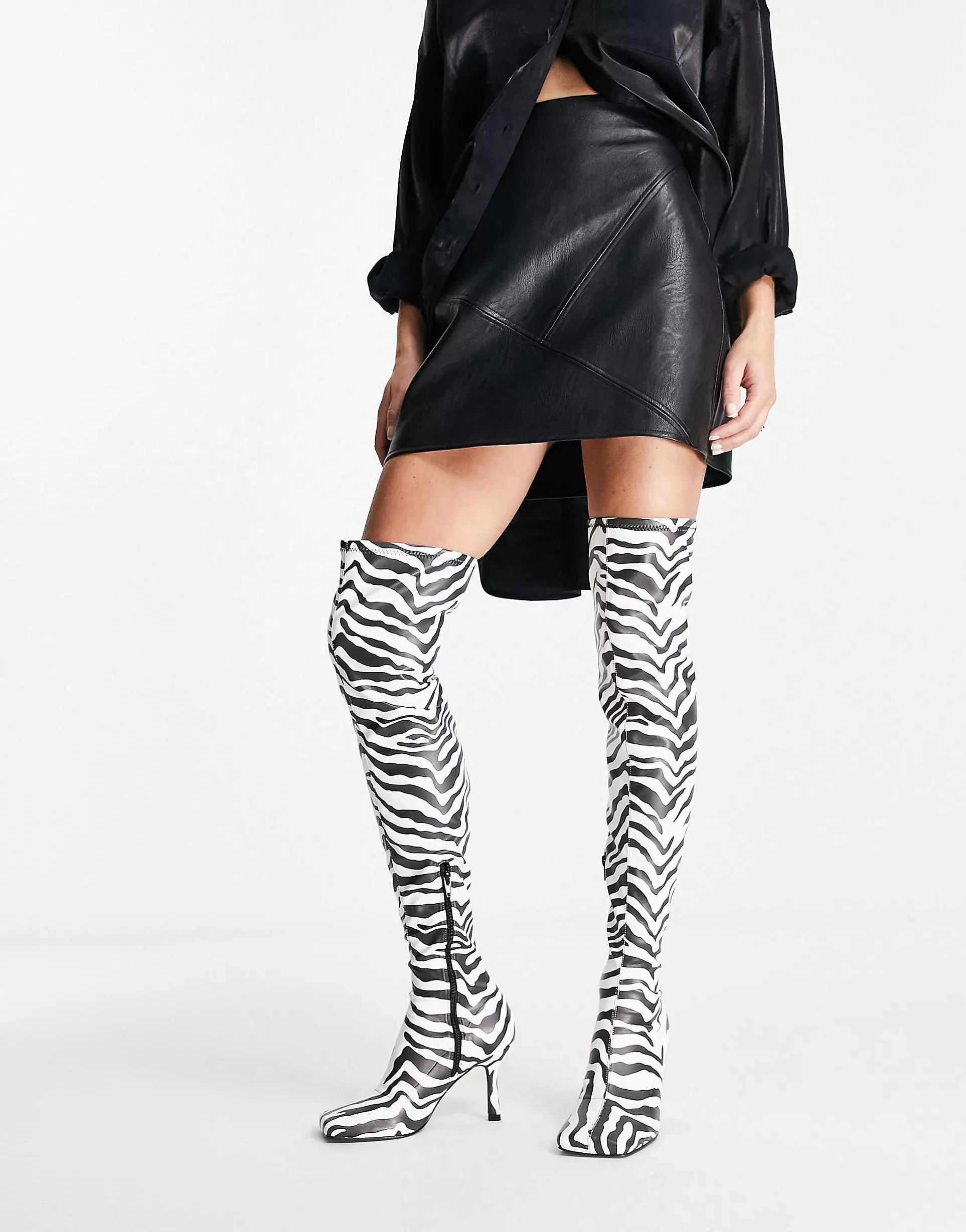 ASOS DESIGN Kindred heeled square toe over the knee boots in zebra | ASOS (Global)