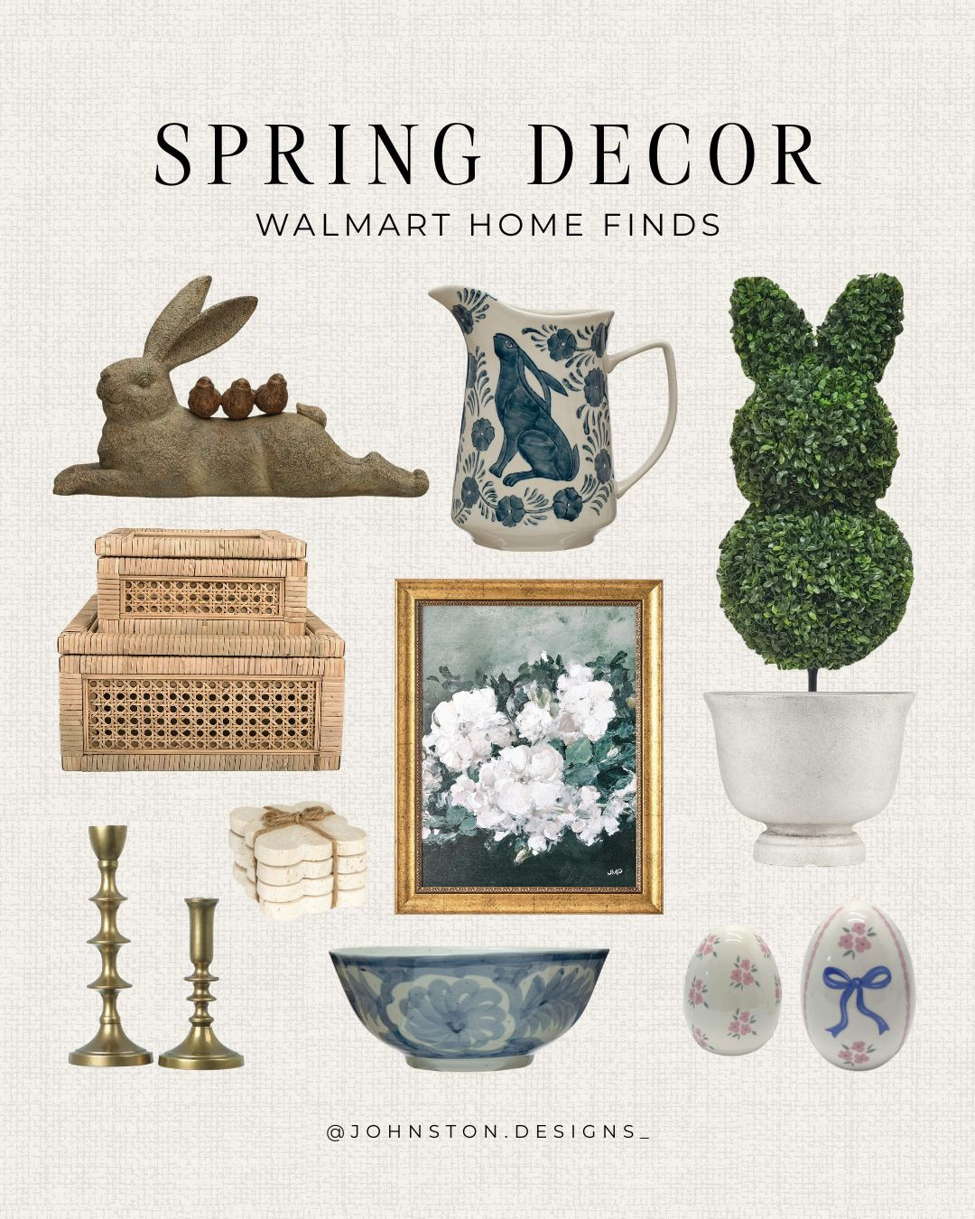 Spring decor at Walmart 🌿 Timeless pieces, fresh florals and classic accents to brighten your space.

Walmart home, spring decorating, Easter accents, bunny figurine, chinoiserie pitcher, topiary plant, framed art, rattan boxes, ginger jar style, blue and white, brass holders, decorative bowl, seasonal refresh, budget friendly, affordable home finds. 

 #LTKSeasonal #LTKHome
