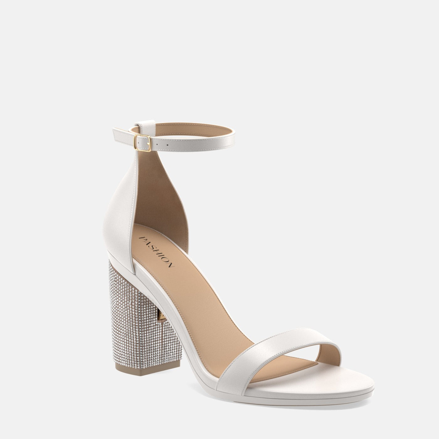 The Pashionista - White Leather + Block Heel Kit 4 Sand Rhinestone (7) | Pashion Footwear