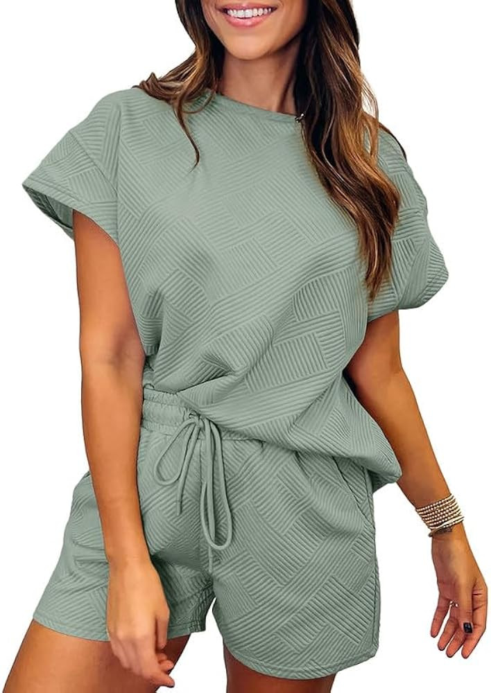 SHEWIN Women's 2 Piece Outfits Lounge Sets Casual Short Sleeve Shirts Shorts Cozy Pajamas Sweatsu... | Amazon (US)