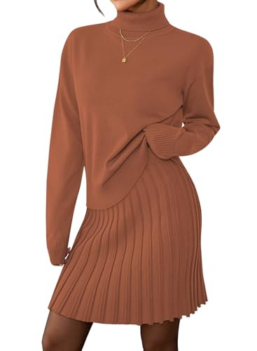 Pink Queen 2025 Women's 2 Piece Sweater Outfits Set Long Sleeve High Neck Top Pleated Mini Skirt ... | Amazon (US)