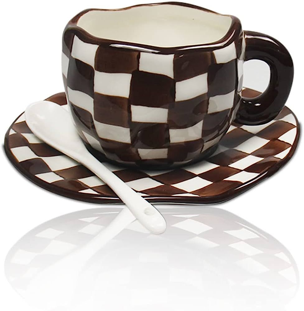 Porcelain Cappuccino Cups with Saucers, Hand Painted Checkerboard Coffee Cup With Saucer, Ceramic... | Amazon (US)