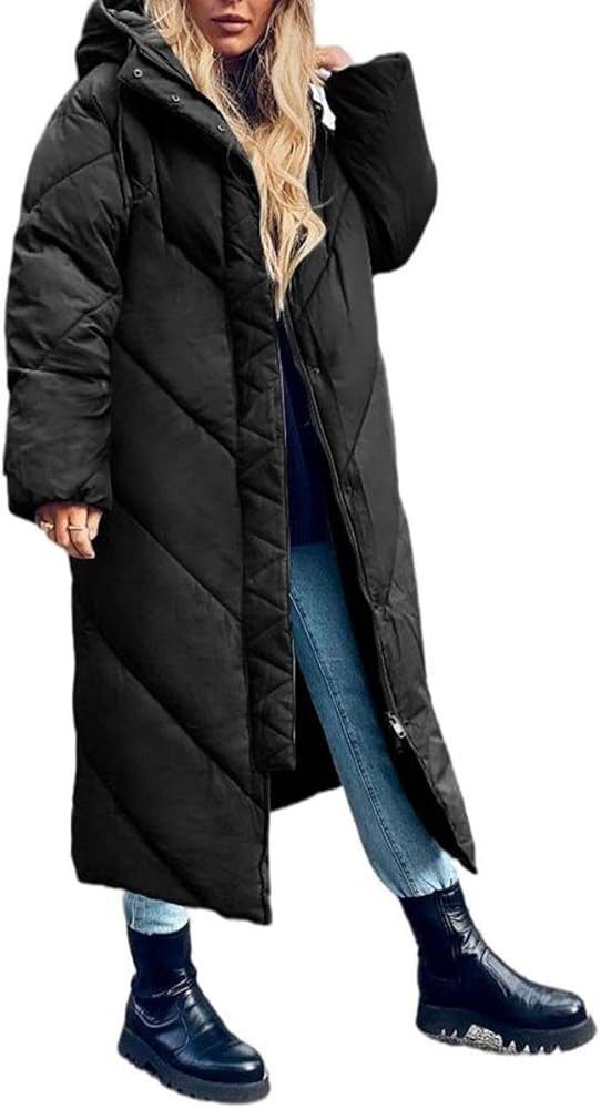Yousify Women's Hooded Long Puffer Coat Winter Longer Thickened Down Jacket Zip Cotton Outwear | Amazon (US)