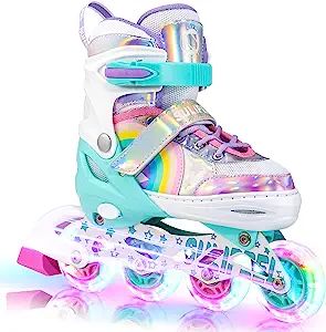 SULIFEEL Rainbow Unicorn Inline Skates for Girls Boys 4 Size Adjustable Light up Wheels Roller Bl... | Amazon (US)