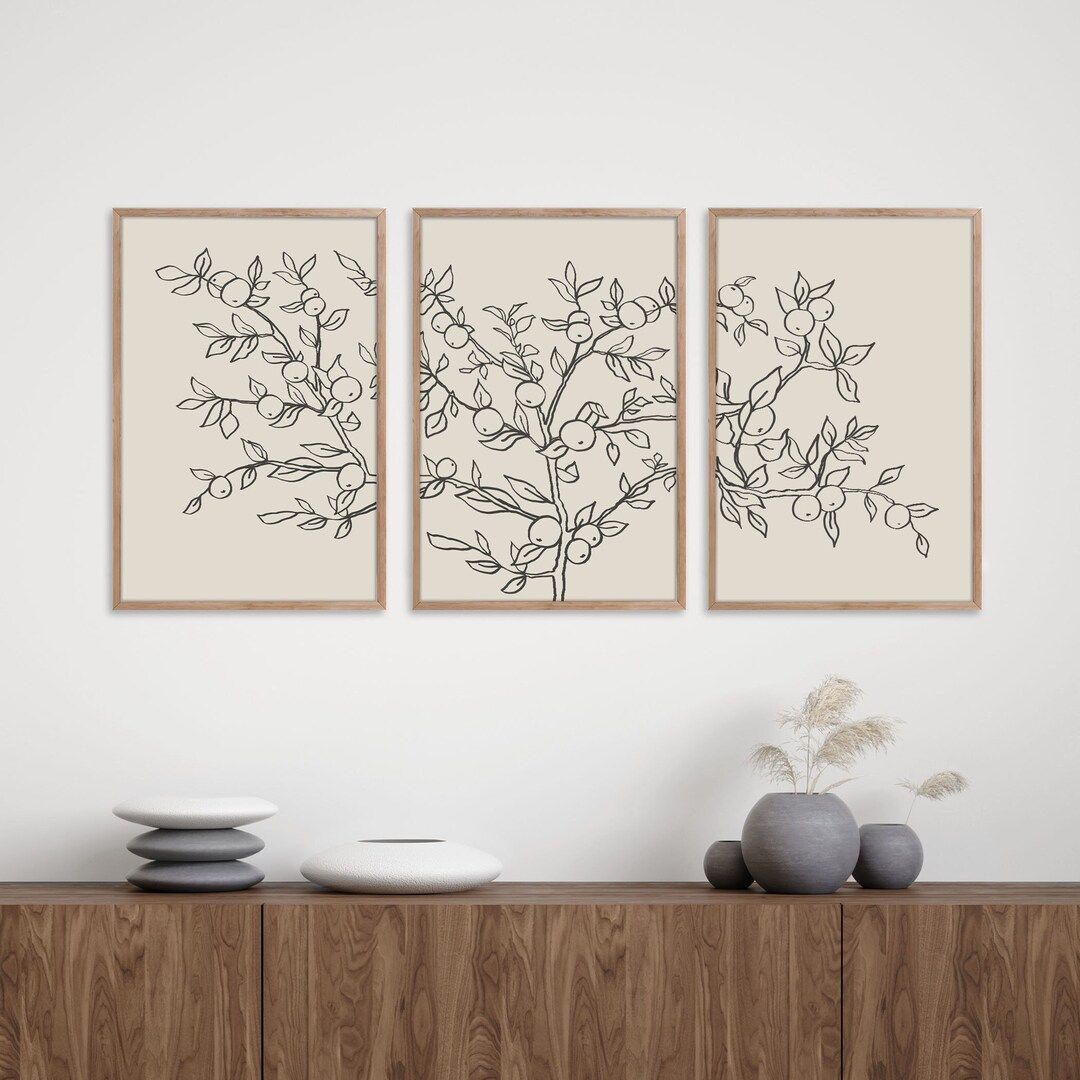 Botanical Line Art, 3 Panel Line Drawing Apple Tree, Botanical Wall Art Set of 3 Prints, Fine Lin... | Etsy (US)