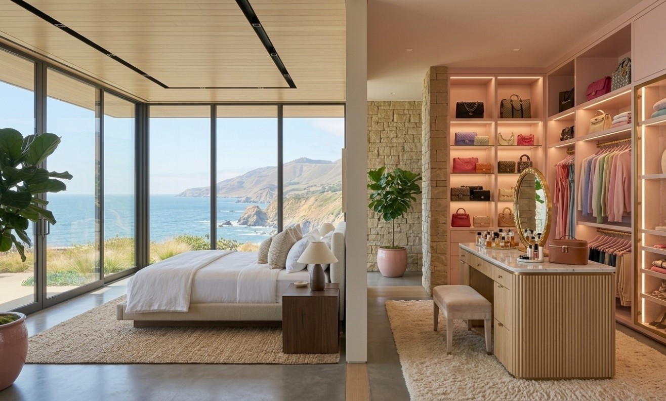 If I’m not here, please don’t find me. ☁️ The dream setup: a floor-to-ceiling view of the Pacific paired with a color-coordinated closet that’s basically a boutique. Pro tip: Use warm-toned LED strips in your shelving to give your daily wardrobe that "Gloss Bureau" glow.
