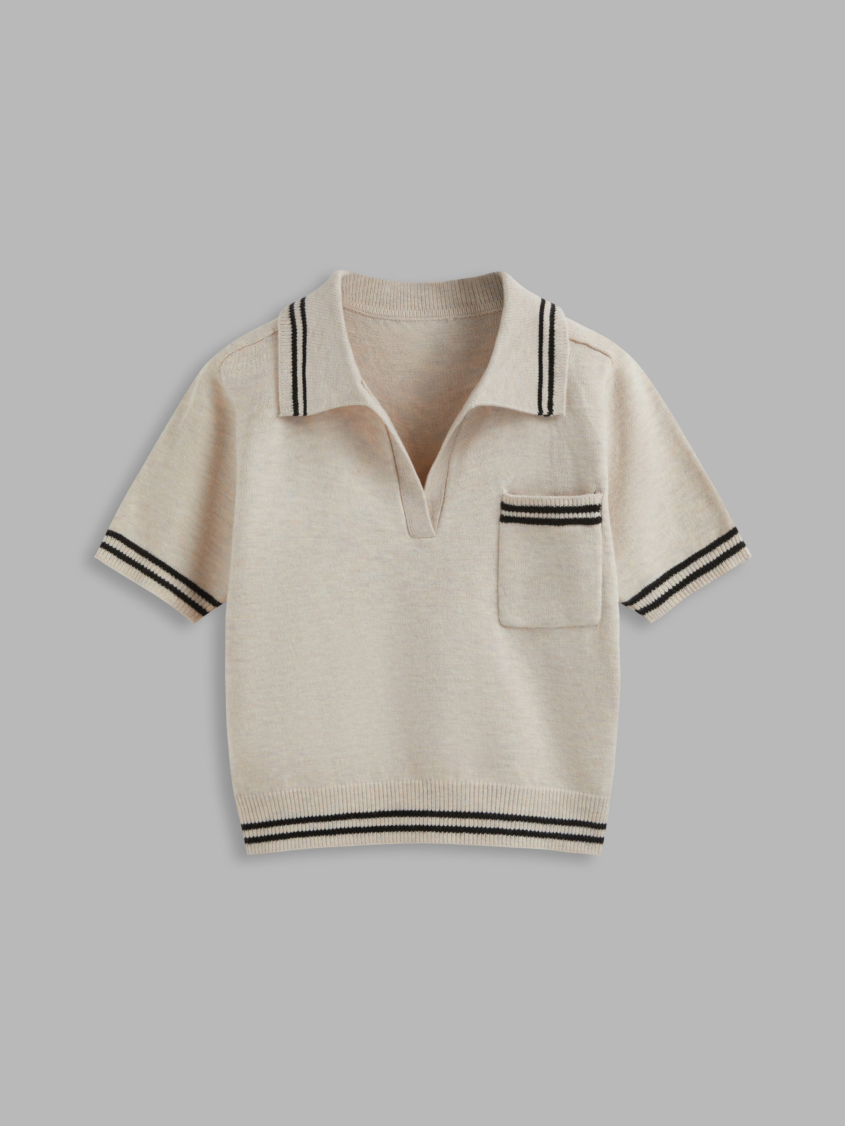 Knit Fabric Knit Collar Stripe Short Sleeve Top For School Daily Casual | Cider
