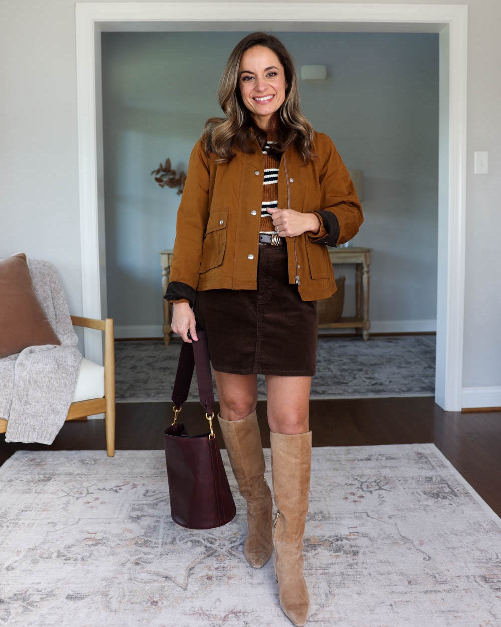 Petite-friendly mini skirt outfit ideas for Fall!

Outfit 1:
Corduroy Skirt (Gap Factory): 25 - sized up
Striped Sweater (Madewell): xs
Field Jacket (Madewell): xxs
Bucket bag (Madewell)
Boots (Sam Edelman): true to size 15” shaft in a size 5

Outfit 2:
Skirt (LOFT): petite 00
Top (Quince): xs
Tote bag (Quince)
Shoes (Sam Edelman) 

Outfit 3:
Plaid skirt (J.Crew Factory): 00
Green jacket (Ann Taylor): petite xxs 
Sweater (Quince): xs
Tall boots (Sam Edelman): true to size

Outfit 4:
Mini skirt (J.Crew Factory): 00
Cream sweater (Gap): petite xs 
Boots (Sam Edelman): true to size

For size comparison, I’m 4’10” 105lbs. My measurements are 32”, 24”, 36”. I typically wear petite xxs/00/24 and have a 25” ankle inseam and a 27.5-28” full length inseam.
