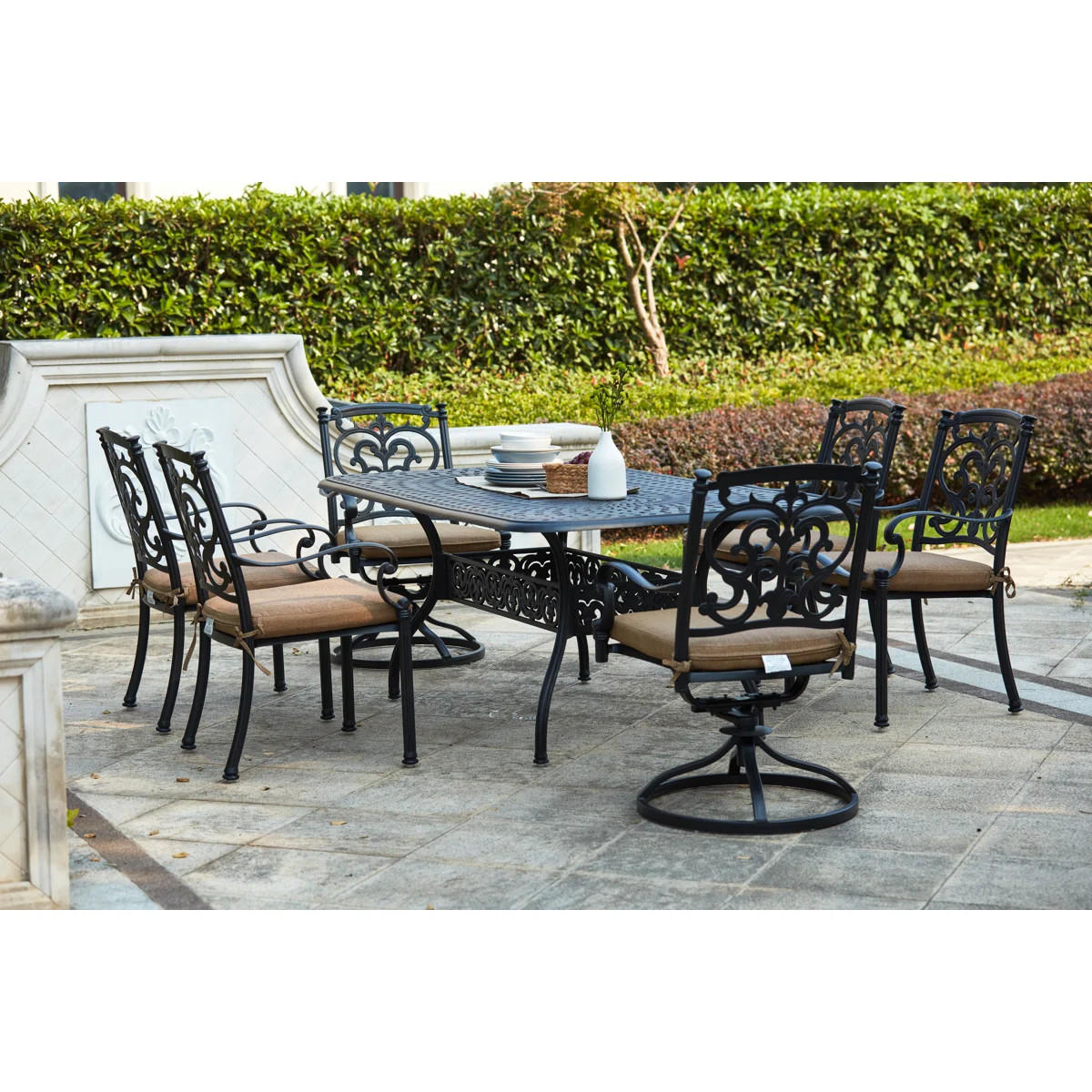 Anhar 7-Piece Patio Dining Set (w/ 2 Swivel Rockers) w/ Cushions & 42 x 72" Rectangular Dining Ta... | Wayfair North America