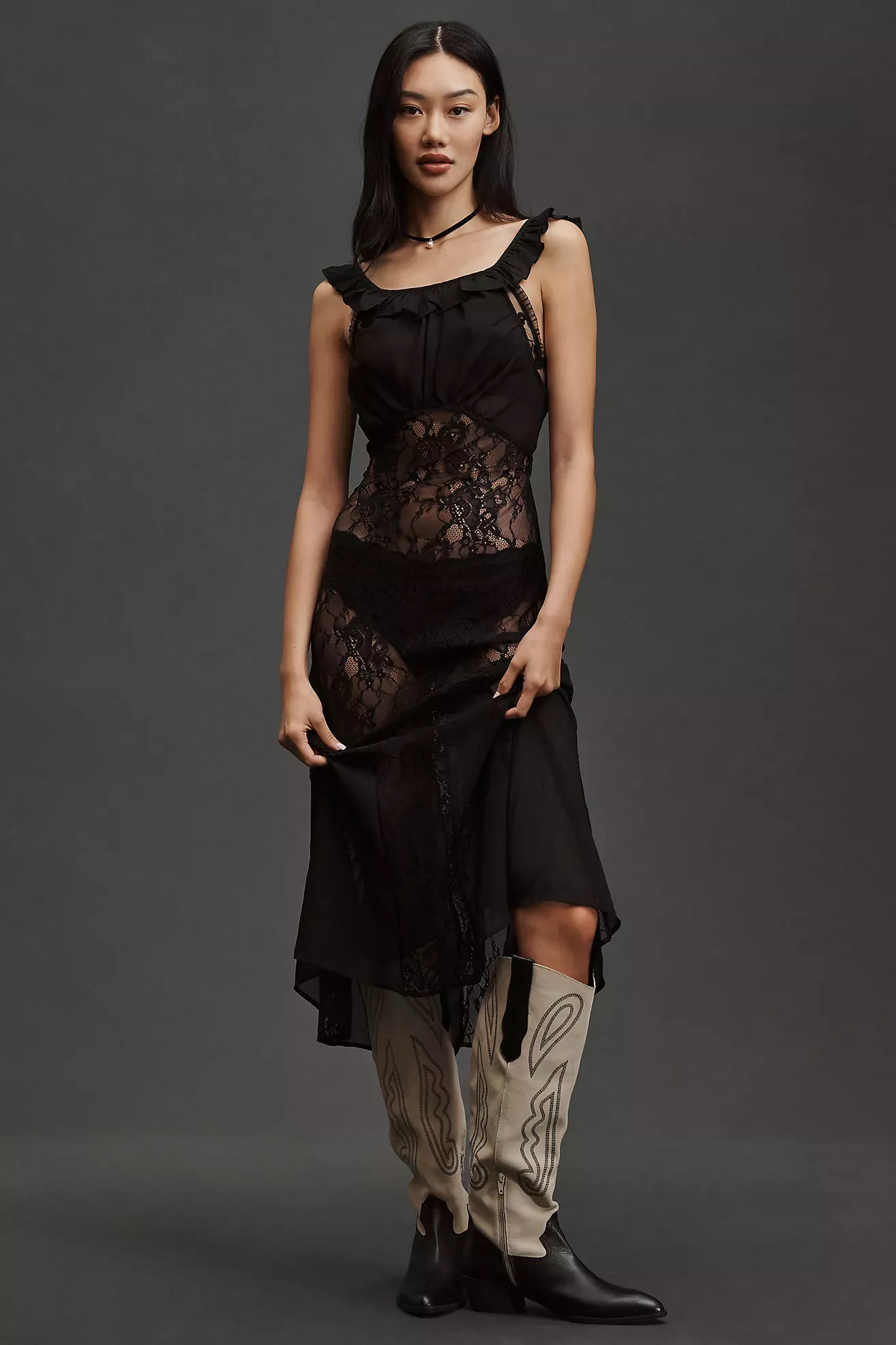 By Anthropologie Smocked Sheer Lace Overlay Dress