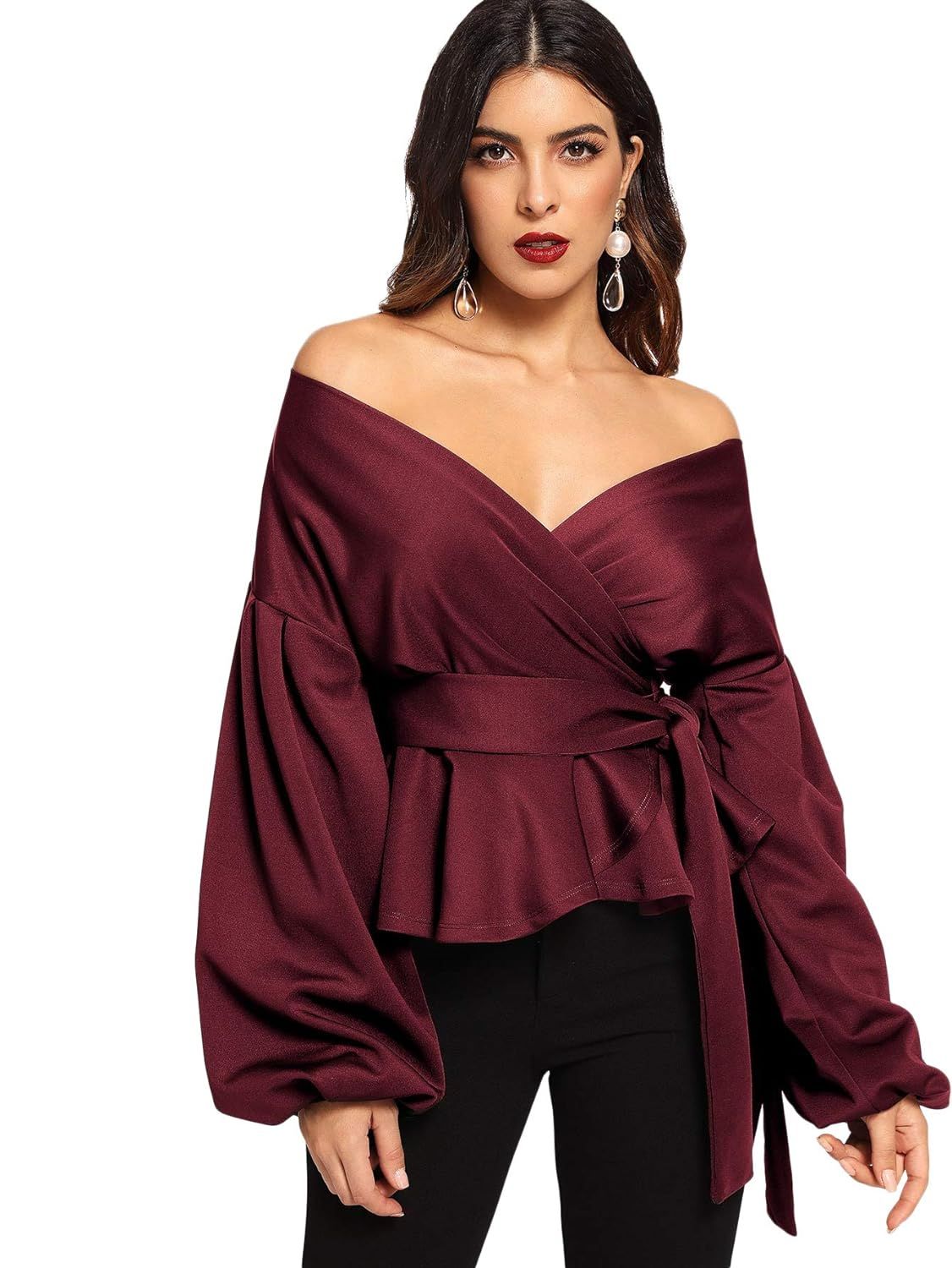 SheIn Women's Long Sleeve V Neck Ruffle Blouse Off Shoulder Tie Waist Wrap Tops | Amazon (US)