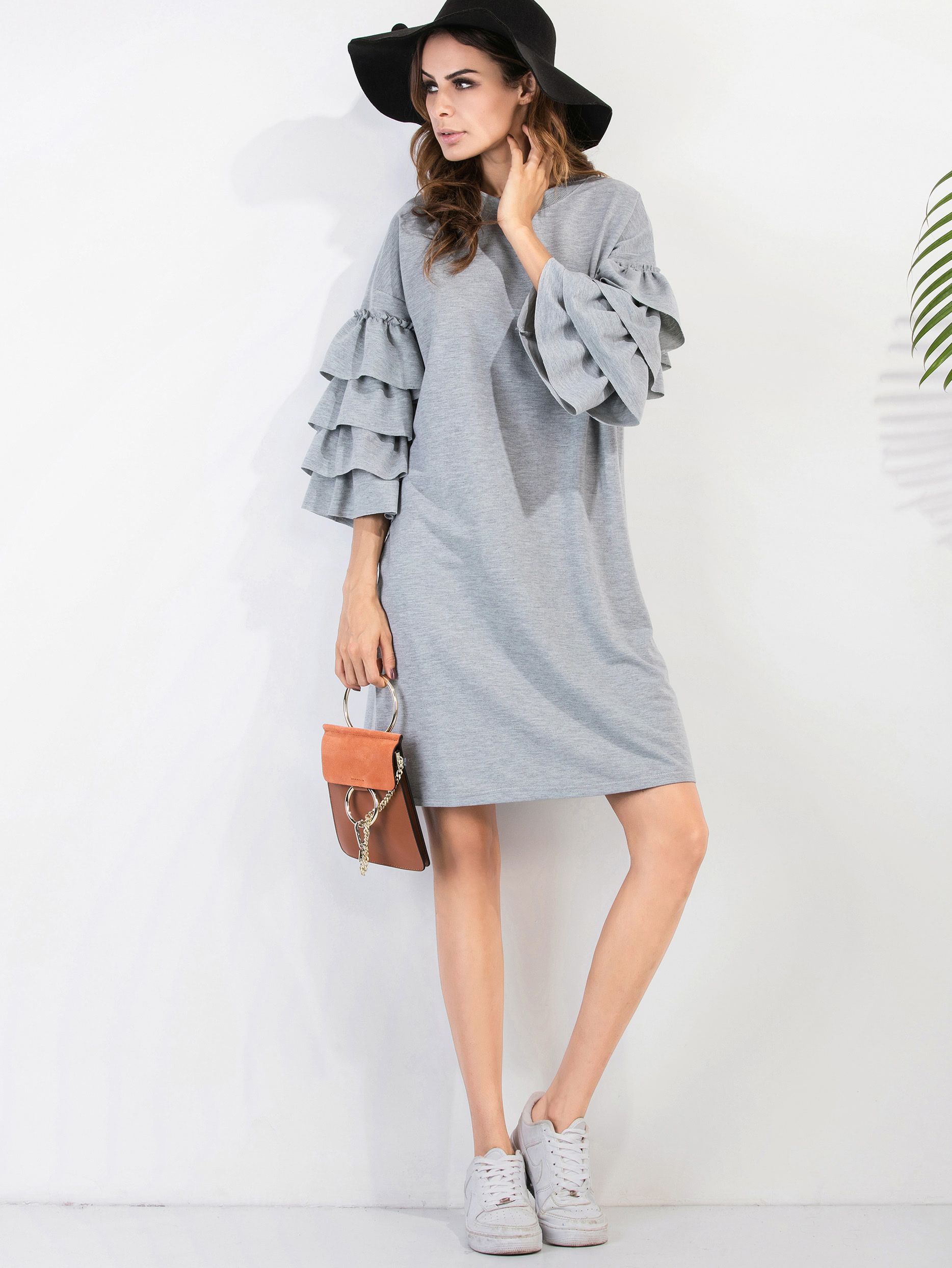 Tiered Bell Sleeve Drop Shoulder Heathered Knit Tee Dress | SHEIN