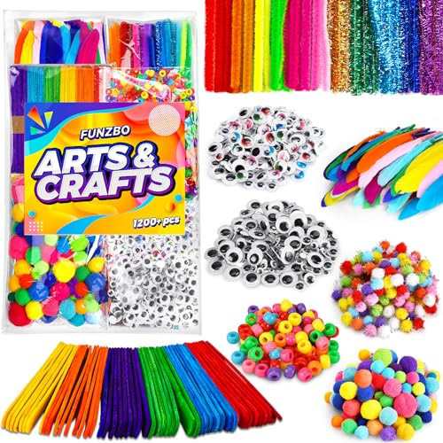 FUNZBO 1200pcs+ Arts and Crafts Supplies for Kids - Craft Kits with Pipe Cleaners, Pom Poms for Crafts, Popsicle Sticks for Crafts, Crafts for Kids Ages 4-8, Birthday Gifts for Kids, Girls & Boys | Amazon (US)