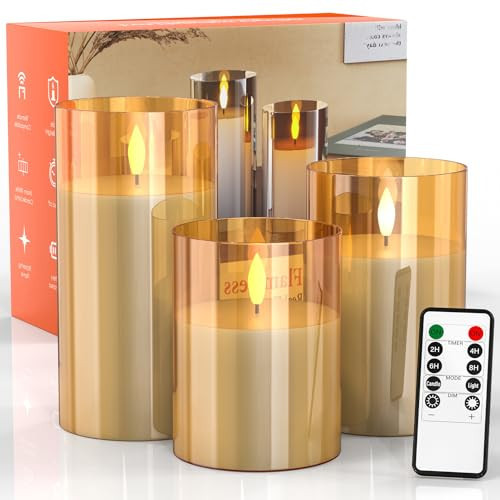 TJOY Flameless Candle Lights, Battery Operated Glass LED Fake Candles with Remote Control and Timer, Real Wax Gold Flickering Decorative Light for Festival Home Decor, Party, Wedding(Set of 3) | Amazon (US)