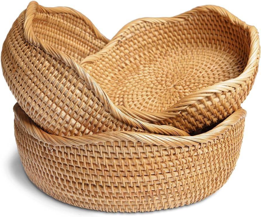 HITOMEN Handmade Rattan Bread Baskets Round Wicker Fruit Serving Storage Bowls, Natural Woven Dec... | Amazon (US)
