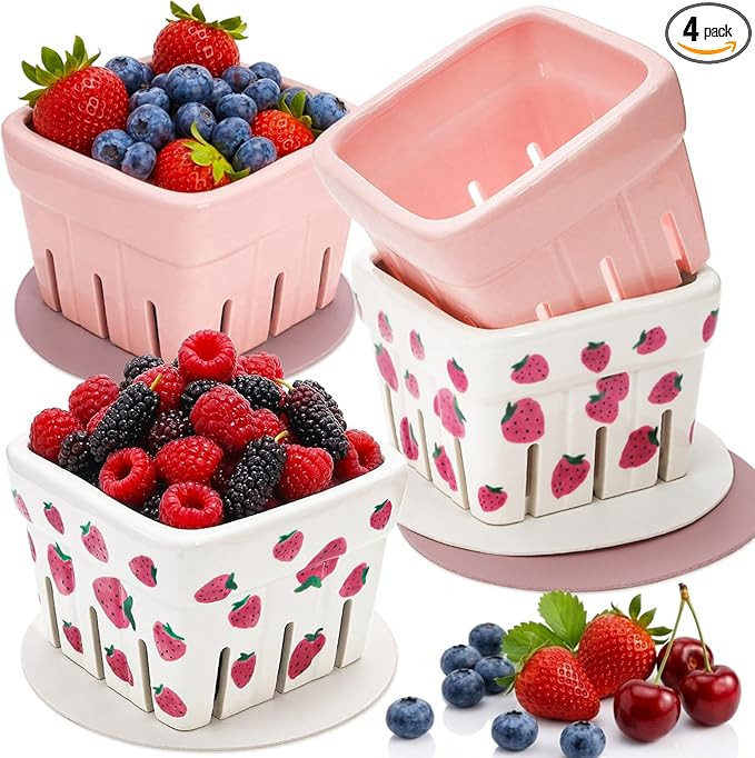 Pumtus 4 Pack Ceramic Berry Baskets, 4.7" Square Fruit Bowl with Holes & Pads, Pink White Fridge ... | Amazon (US)