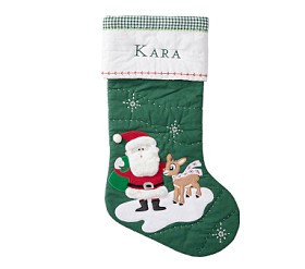 Santa with Rudolph Green Quilted Christmas Stocking | Pottery Barn Kids