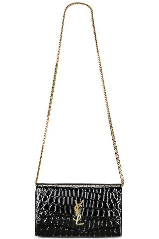 Saint Laurent Monogramme Embossed Croc Chain Wallet Bag in Nero & Nero | FWRD | FWRD 