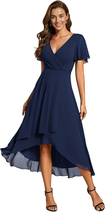 Ever-Pretty Women's Chiffon Formal Dresses V Neck Ruffle Sleeves Pleated High Low Summer Wedding ... | Amazon (US)