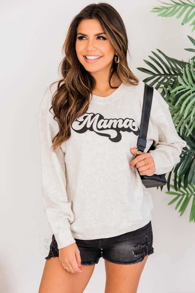 Mama Retro Script Graphic Heather Sand Sweatshirt | Pink Lily