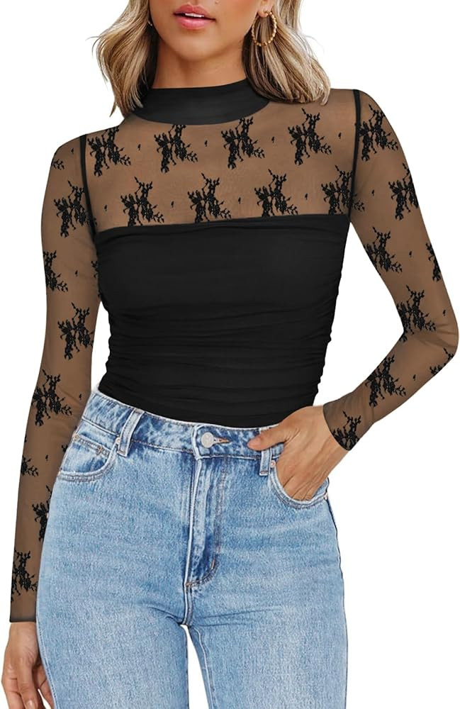 Yousify Womens Mock Neck Mesh Top Floral Lace Long Sleeve Tops Sheer See Through Sexy Going Out S... | Amazon (US)