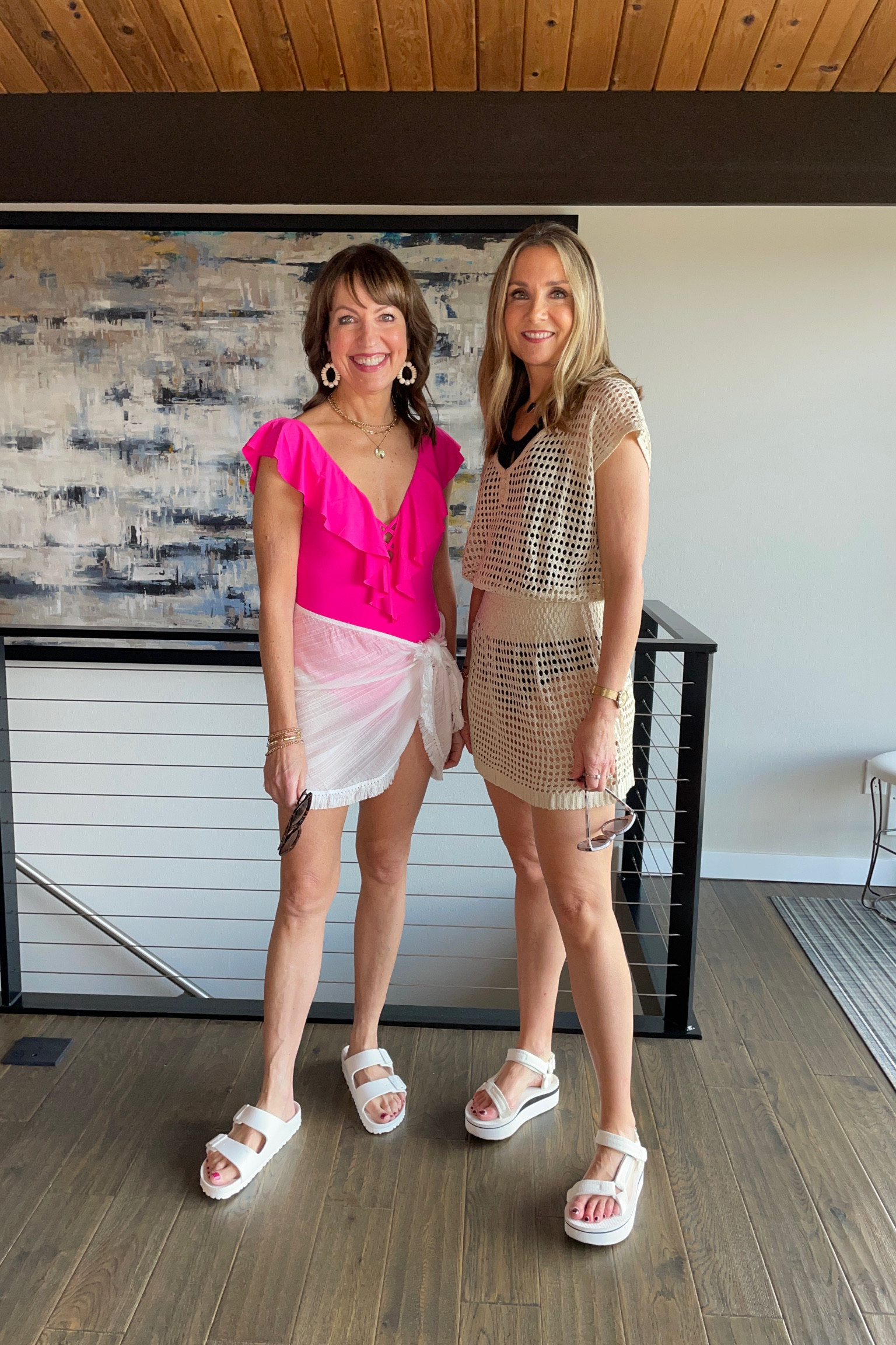 One piece swimsuits and coverups! La Blanca pink ruffle suit and white sarong, mesh coverup over black swimsuit, teva sandals, beach outfit, vacation outfit, spring break outfit 

#LTKunder50 #LTKswim #LTKSeasonal